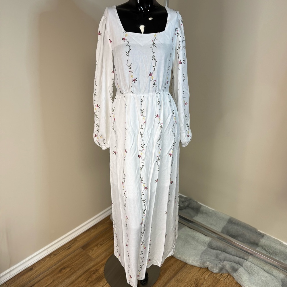 SHEIN White Embroidered Cottagecore Maxi Dress Puff Long Sleeve Milkmaid Style M